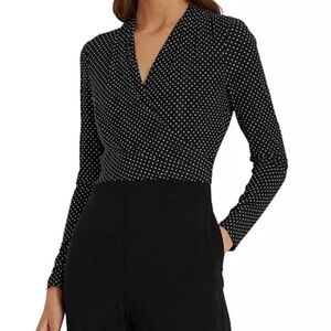 Lauren Ralph Lauren Surplice Jumpsuit Black with black/white polka dot bodice,14